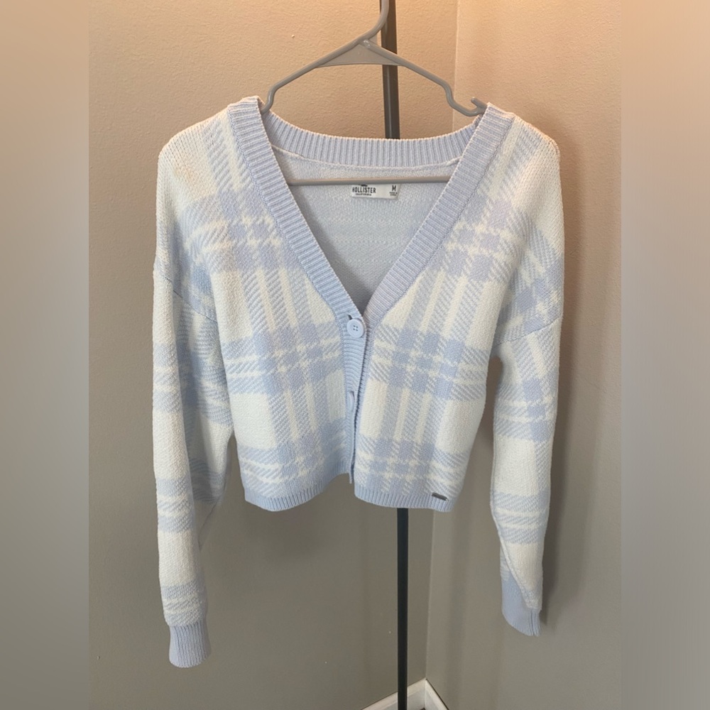 Blue and White Checkered Cropped Cardigan